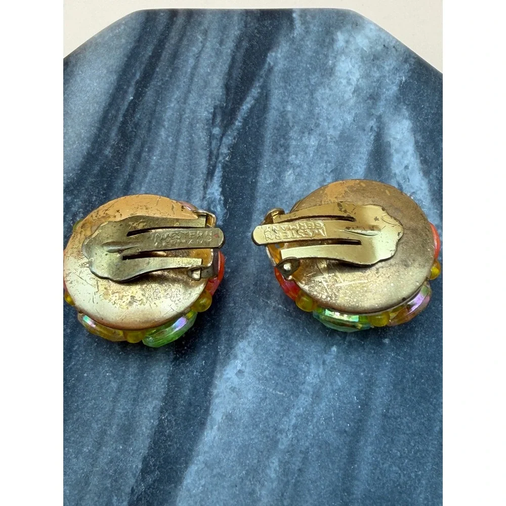 Vintage Western Germany‎ Beaded Clip On Earrings Yellow Green Orange AB Glass